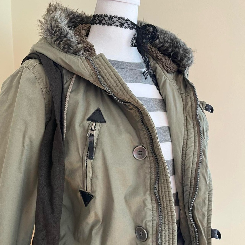 Vintage Y2K Bella Swan Green Fur Trim Military Cargo Parka Coat Jacket Hoodie M - Picture 4 of 14